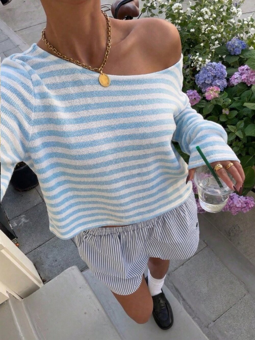 Blue Casual Striped Women's Off-Shoulder Cropped T-Shirt